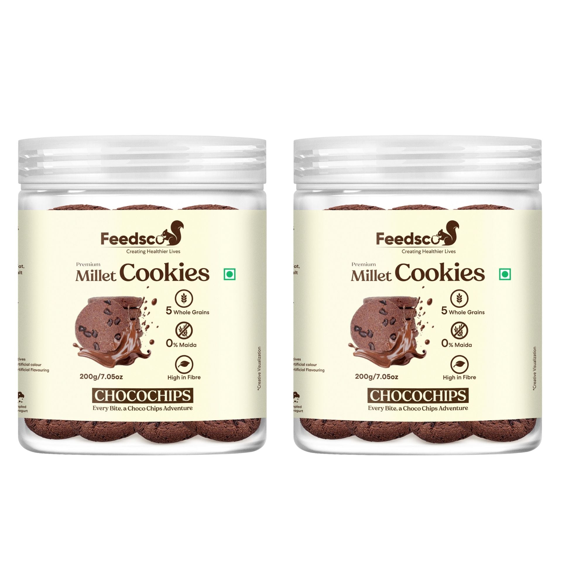 Feedsco Millet Choco Chips Cookies - 200gm Pack of 2 - Multigrain, Premium Handmade Healthy Snack Biscuits | No Preservatives | Ideal Kids Snack, Tiffin Box Treat