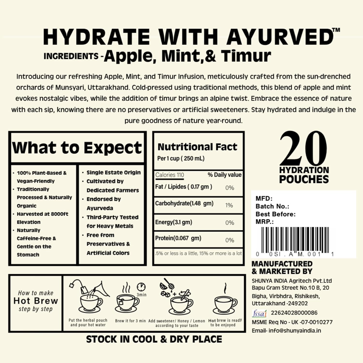 Shunya India® Apple, Mint, and Timur Tea (20 Tea Bags, 3 Gm Each) - Herbal Infusion Tea Tisane Natural Antioxidant, Support Immunity, Caffeine Free