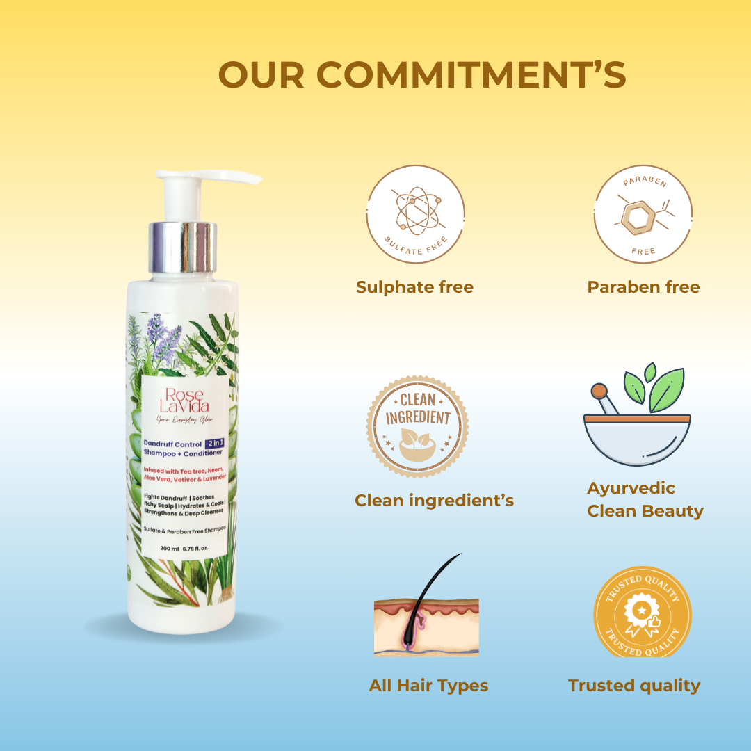 Rose Lavida Ayurvedic Rosemary Strength & Shine & Tea Tree Flake Free 2-in-1 Shampoo + Conditioner For Hair fall & Dandruff Control Combo| With 5 Plant Ingredients | Sulfate & Paraben Free | For All Hair Types | All Age Groups