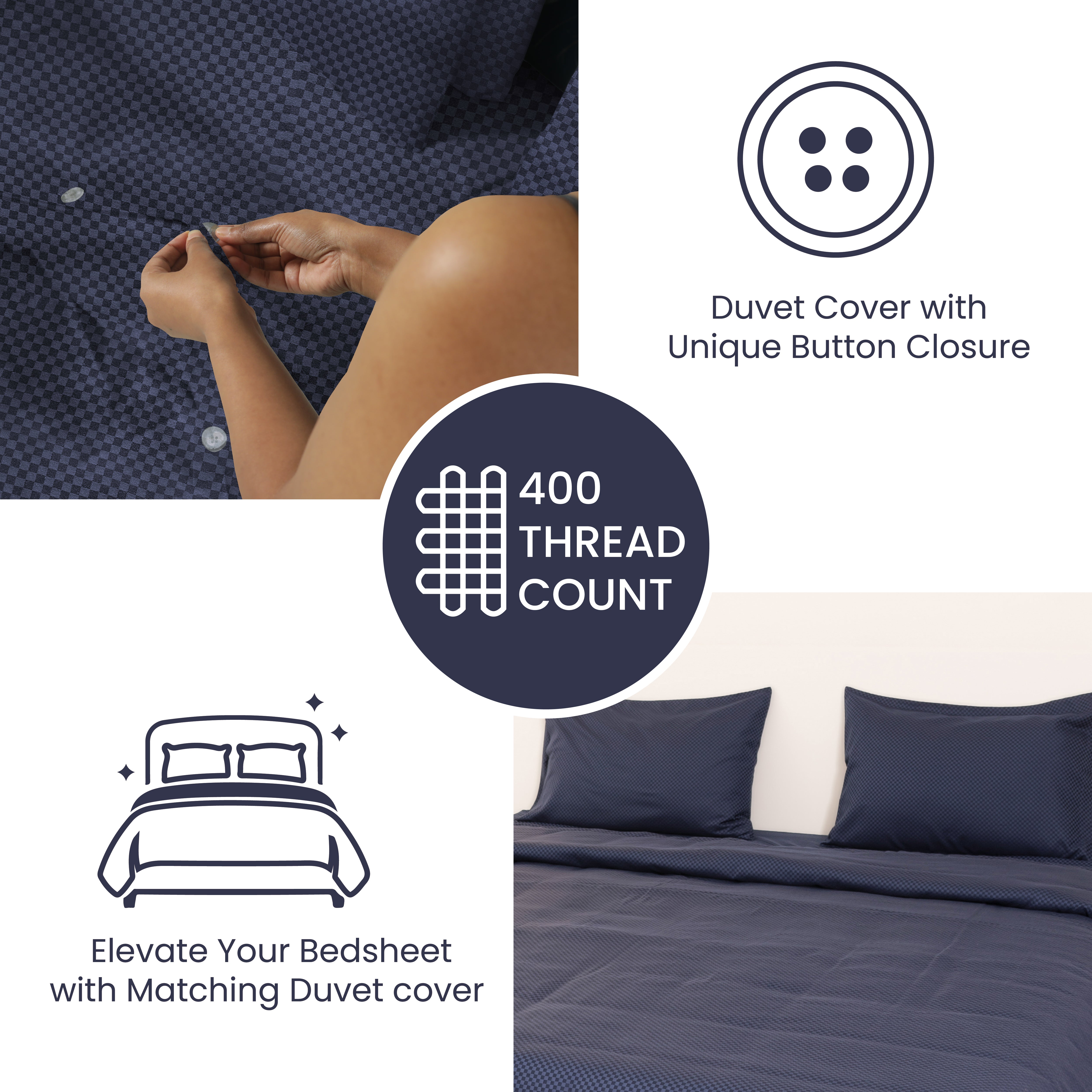 Outer space, 400 TC, 5mm Checks, Vegan Silk Blend Bedsheet Set