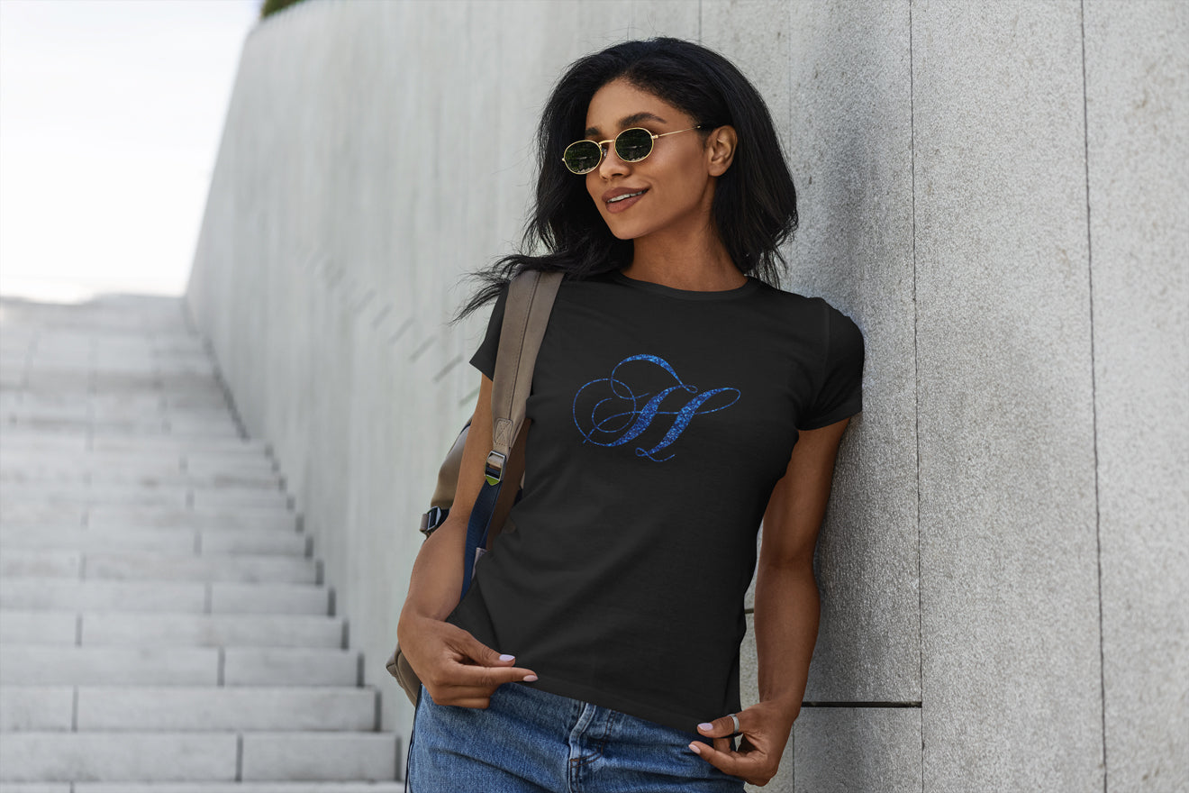 Black with Blue Sparkle H Woman Tee