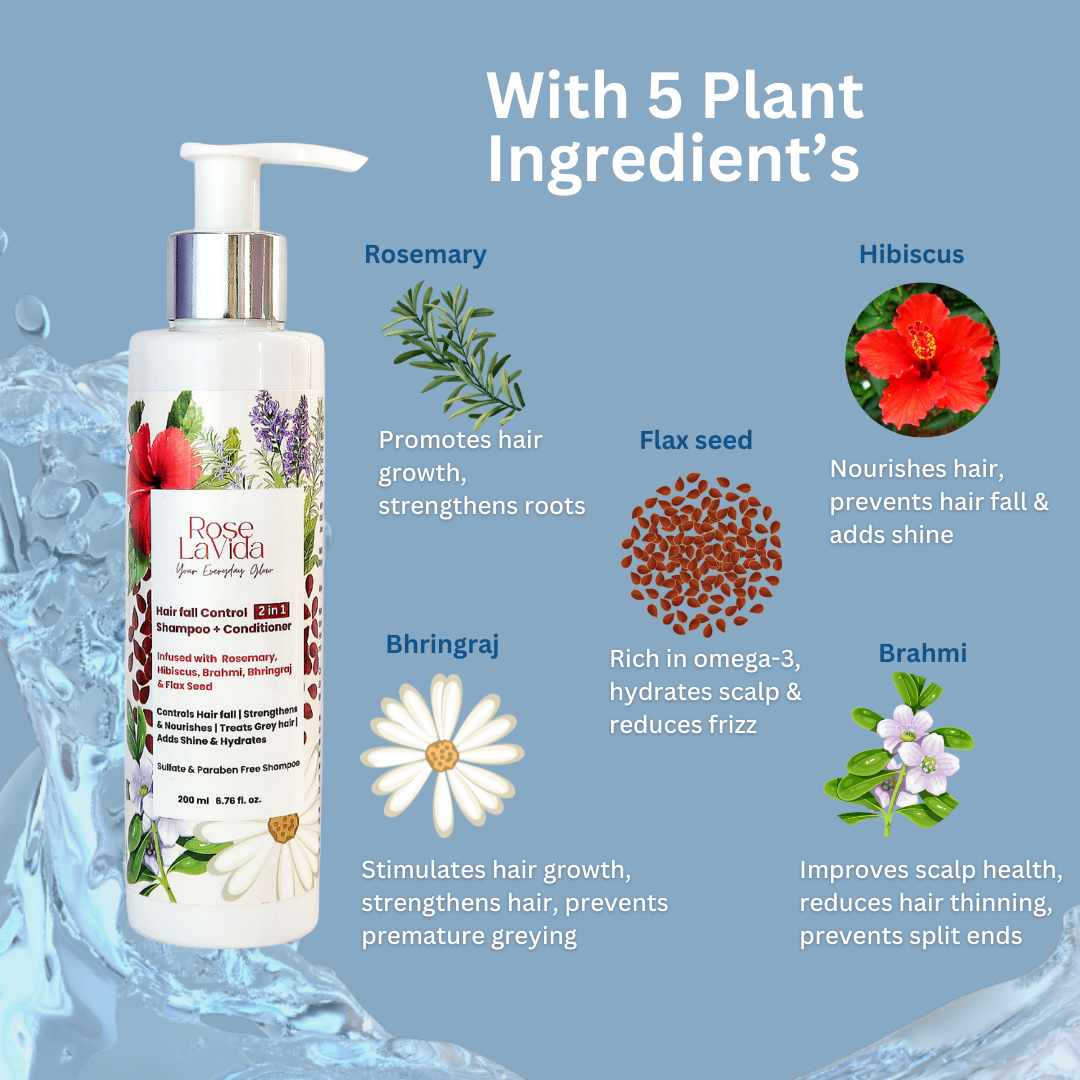 Rose Lavida Ayurvedic Rosemary Strength & Shine & Tea Tree Flake Free 2-in-1 Shampoo + Conditioner For Hair fall & Dandruff Control Combo| With 5 Plant Ingredients | Sulfate & Paraben Free | For All Hair Types | All Age Groups