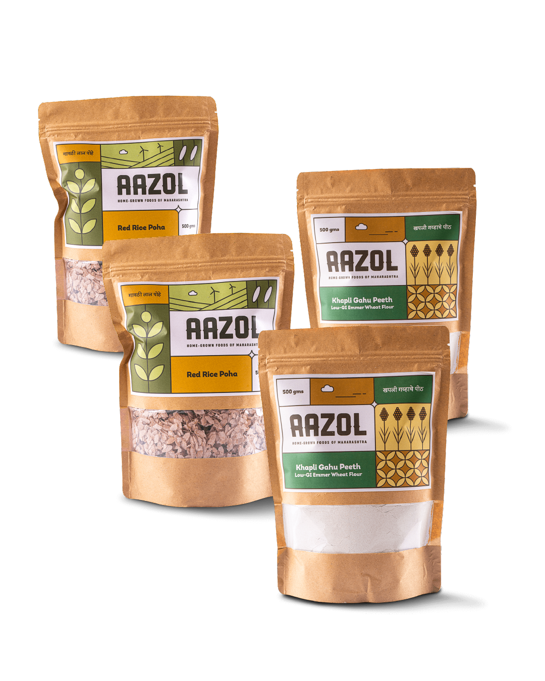 Aazol Healthy Combo ( Khapli Gahu Peeth: Low-GI Emmer Flour - 500gms (Pack of 2) + Healthy Red Rice Poha - 250gms (Pack of 2))