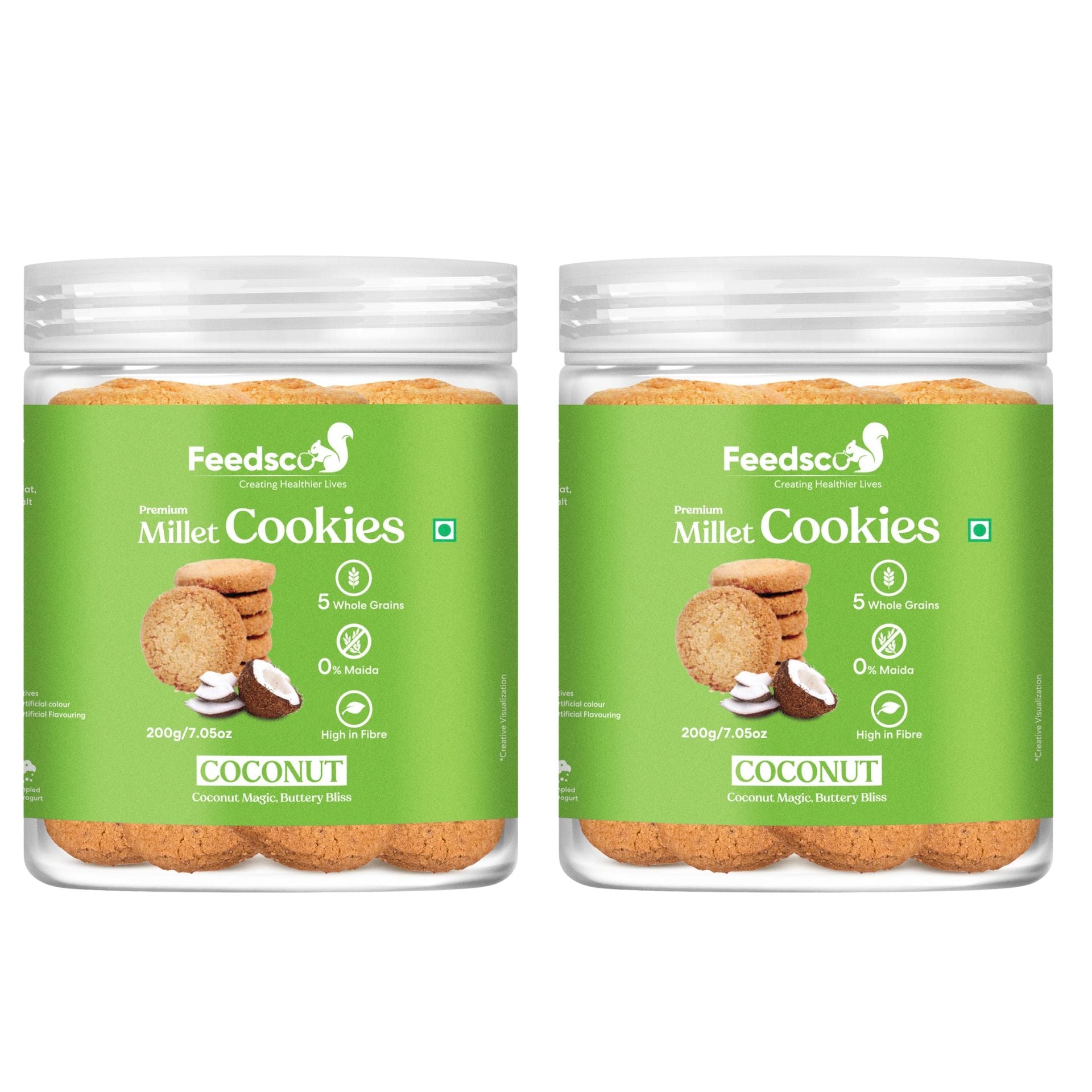 Feedsco Millet Coconut Cookies - 200gm Pack of 2 - Multigrain, Premium Handmade Healthy Snack Biscuits | No Preservatives | Ideal Kids Snack, Tiffin Box Treat