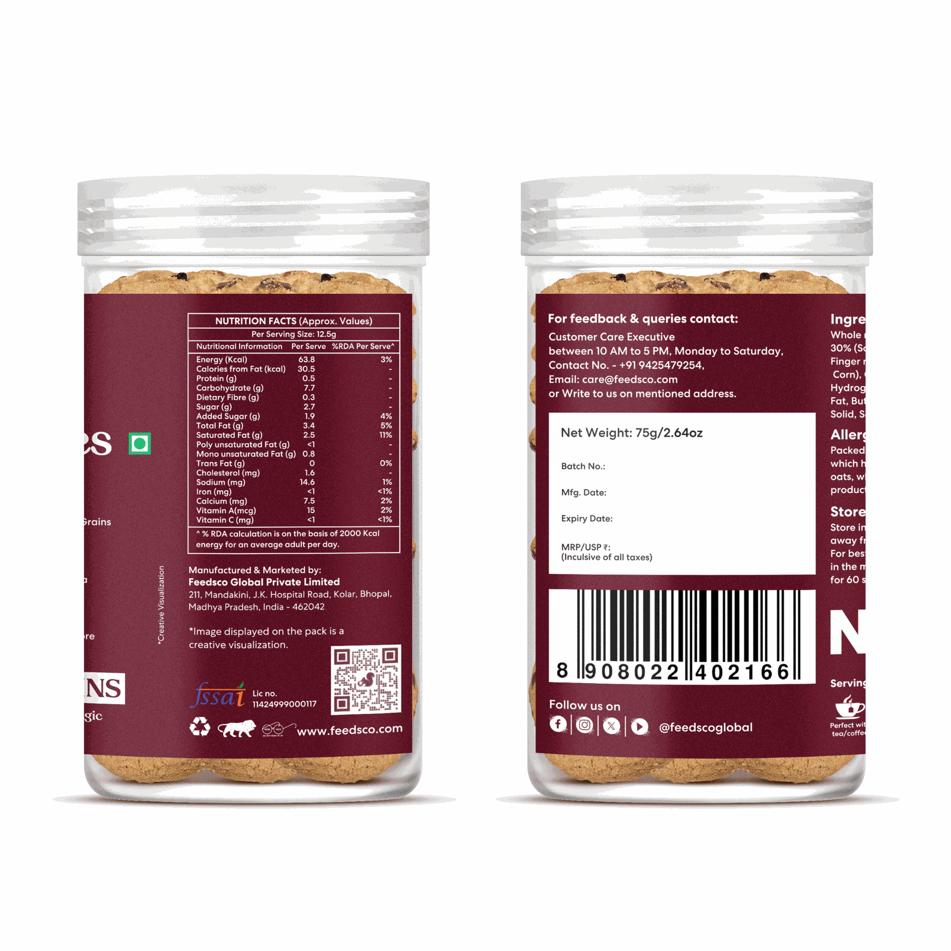 Feedsco Millet Cookies Oatmeal & Raisins 75gm Pack of 5- Tasty & Healthy Snack with Natural Sweetness - Best Healthy Cookies for Kids & Adults