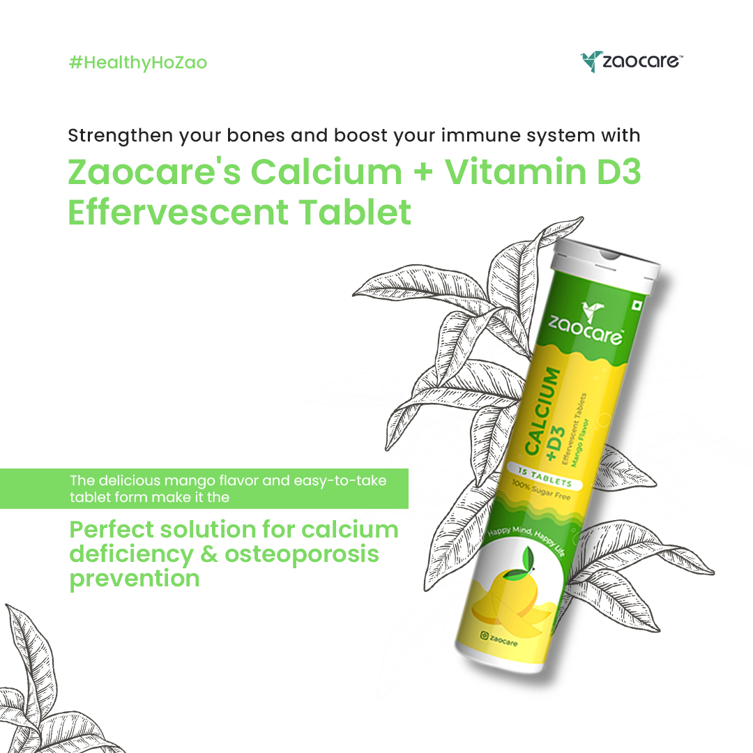 Zaocare Calcium & Vitamin D3 Effervescent Tablets | For Bone, Teeth & Muscle Health | 100% Vegan