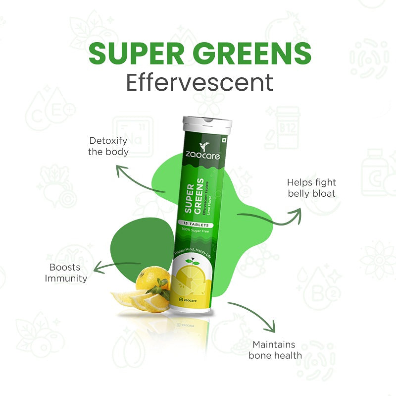 Zaocare Supergreen Effervescent Tablets For Tummy Fat Burn & Gut Detox | 100% Vegan
