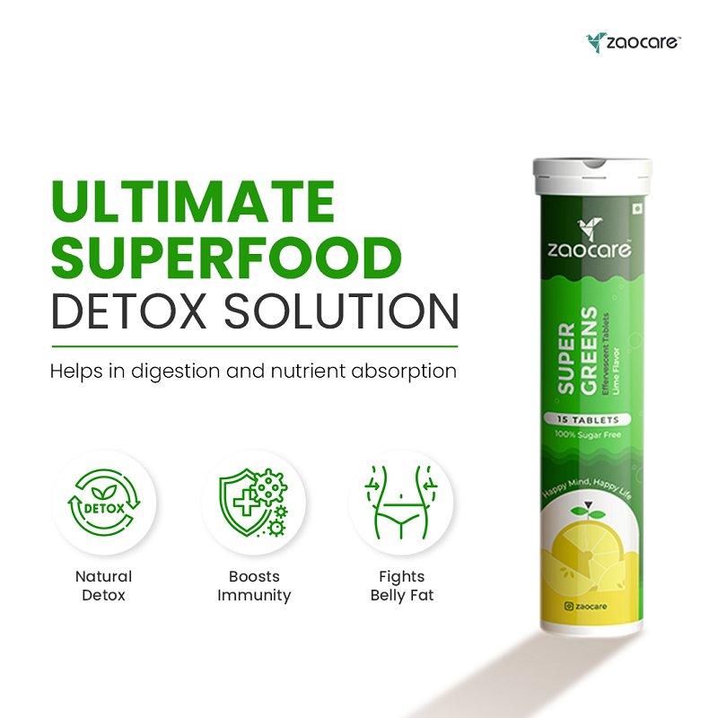 Zaocare Supergreen Effervescent Tablets For Tummy Fat Burn & Gut Detox | 100% Vegan
