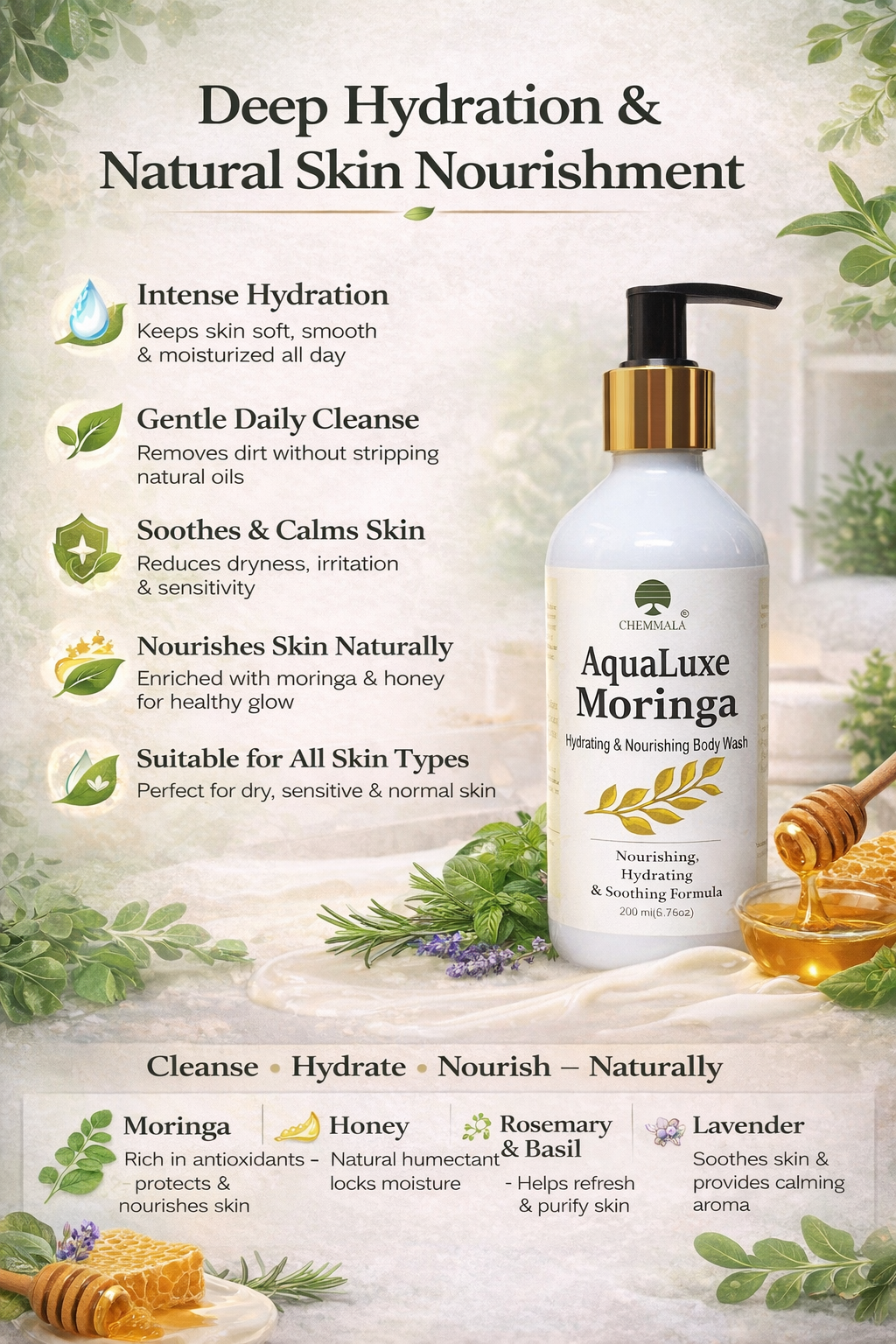 AquaLuxe Moringa Body & Face Wash – Hydrating & Nourishing Herbal Cleanser for Soft, Healthy Skin