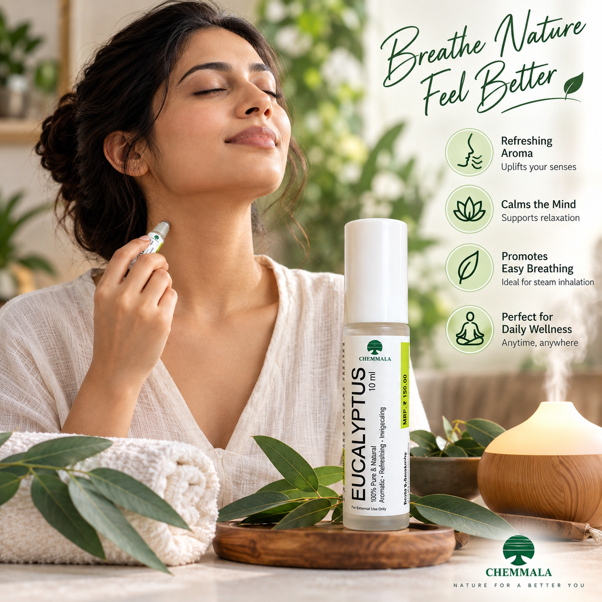 Chemmala Eucalyptus Essential Oil Roll-On 10 ml displayed in a luxury spa setting with eucalyptus leaves, aroma diffuser, candles, towels, and wellness décor for aromatherapy and relaxation