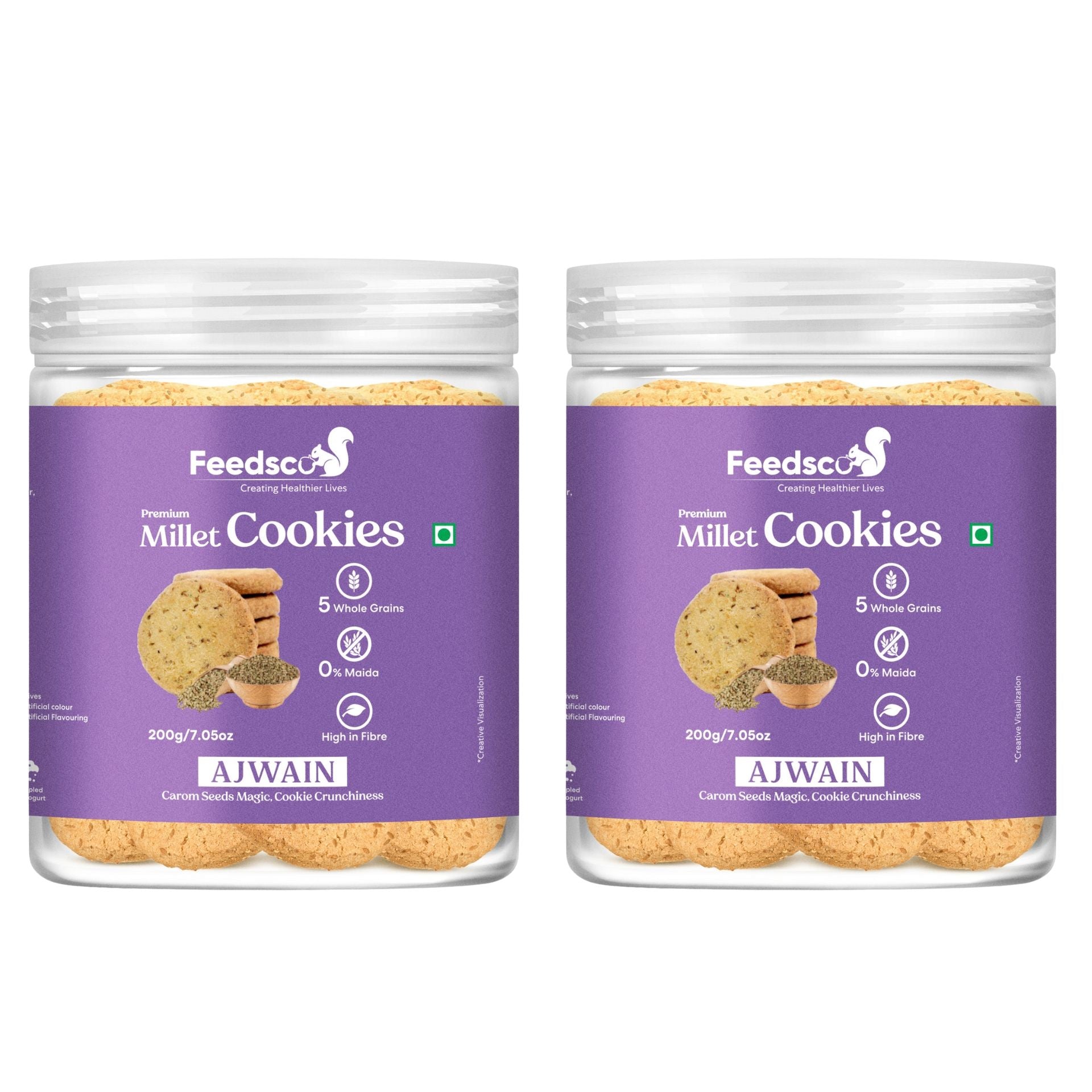 Feedsco Millet Ajwain Cookies - Multigrain, Premium Handmade Healthy Snack Biscuits | No Preservatives | Ideal Kids Snack, Tiffin Box Treat - 200gm Pack of 2