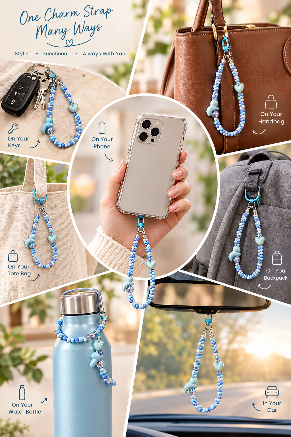 BeYoou.Bling Handcrafted **Blue Heart & Bunny Beaded Wristlet Keychain, Phone Tag, Safety Tag