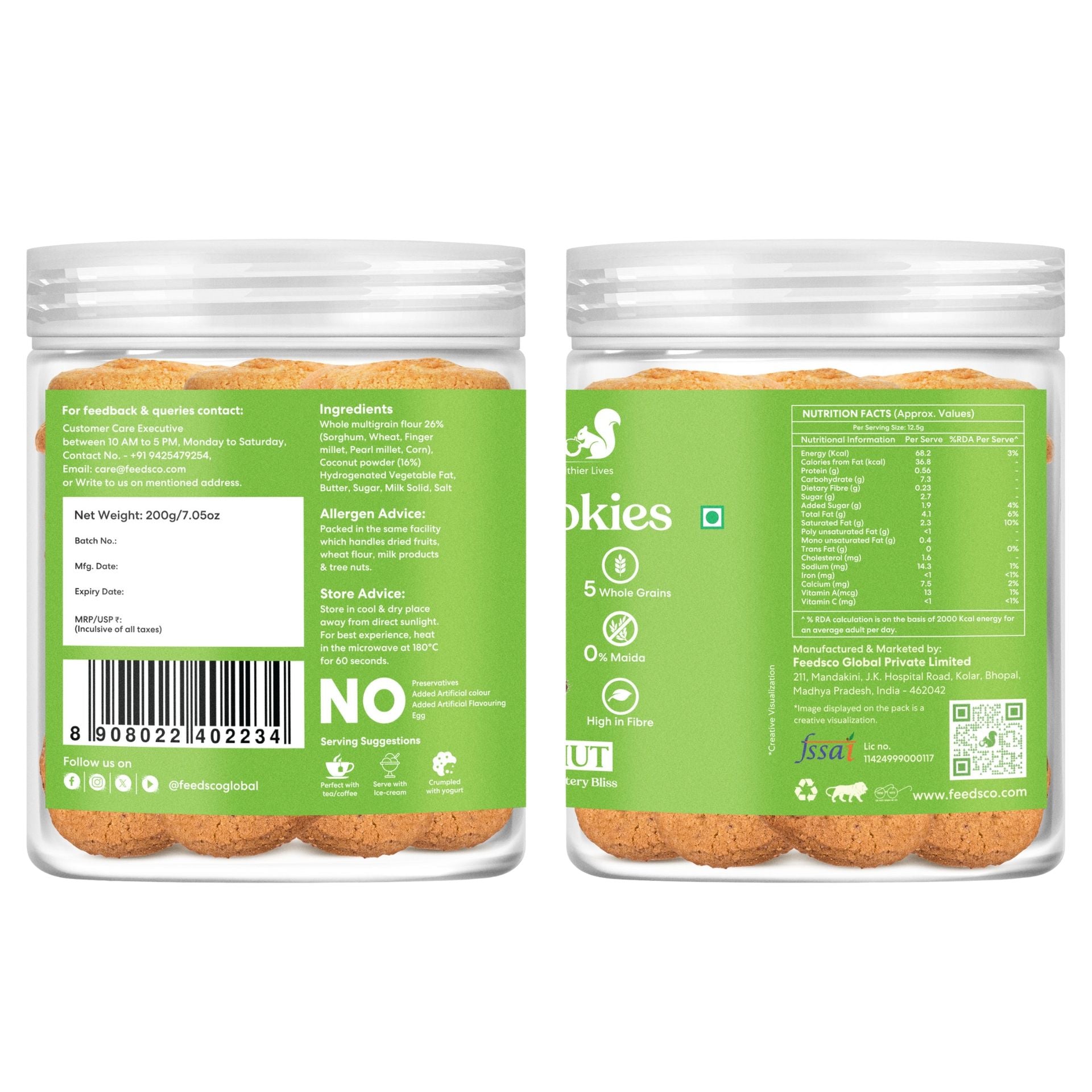 Feedsco Millet Coconut Cookies - 200gm Pack of 2 - Multigrain, Premium Handmade Healthy Snack Biscuits | No Preservatives | Ideal Kids Snack, Tiffin Box Treat