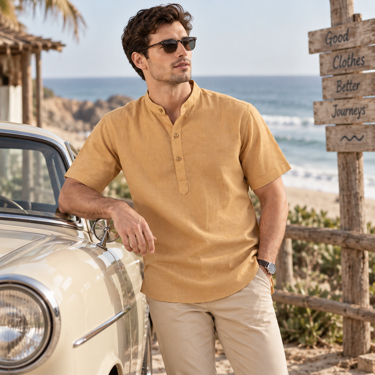 UNHELD Men Hemp Half Sleeve Water Repellent Odor Control Short Kurta