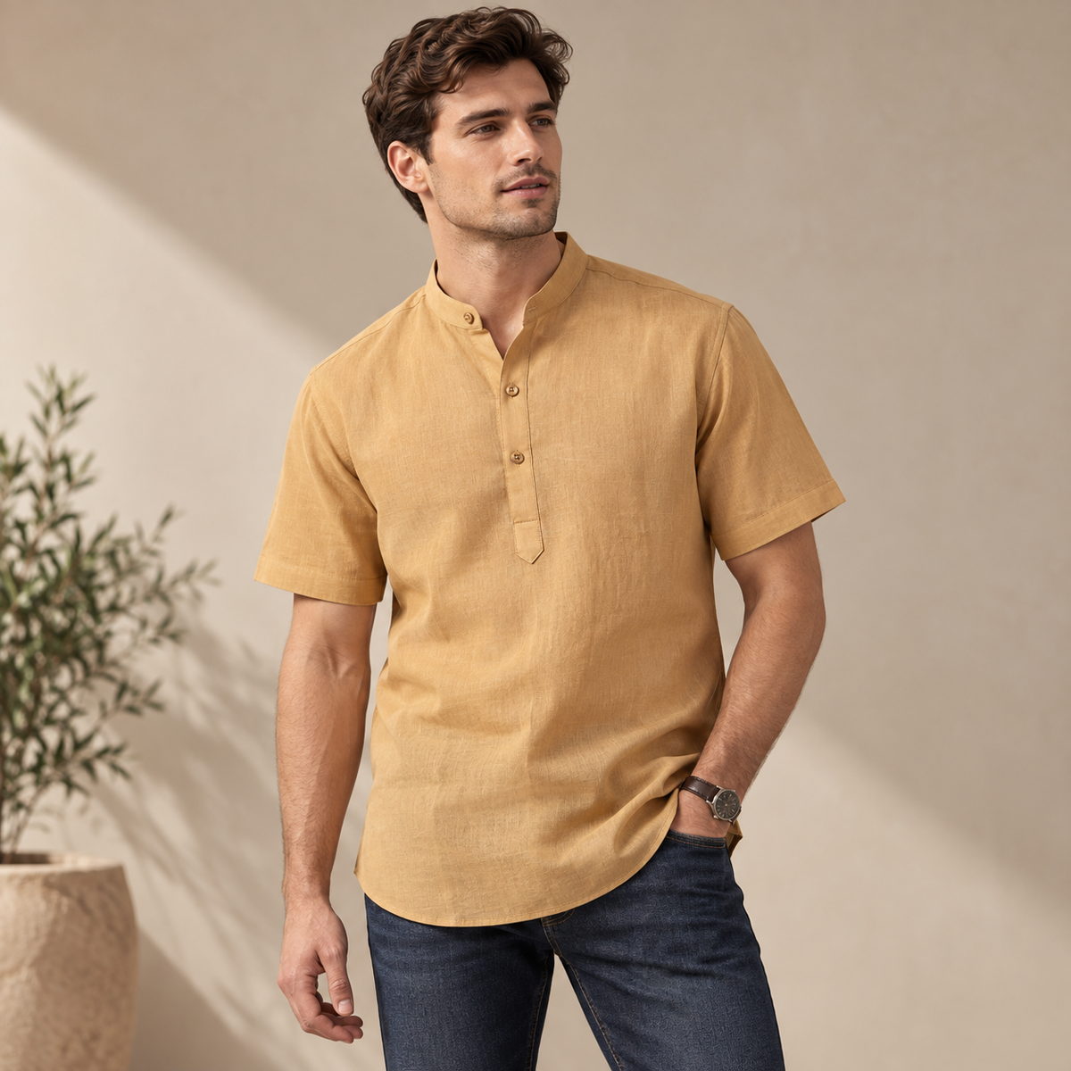UNHELD Men Hemp Half Sleeve Water Repellent Odor Control Short Kurta