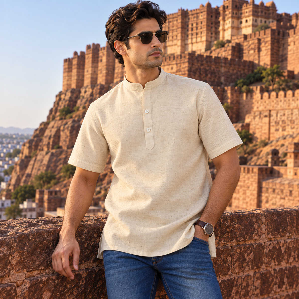 UNHELD Men Hemp Half Sleeve Water Repellent Odor Control Short Kurta