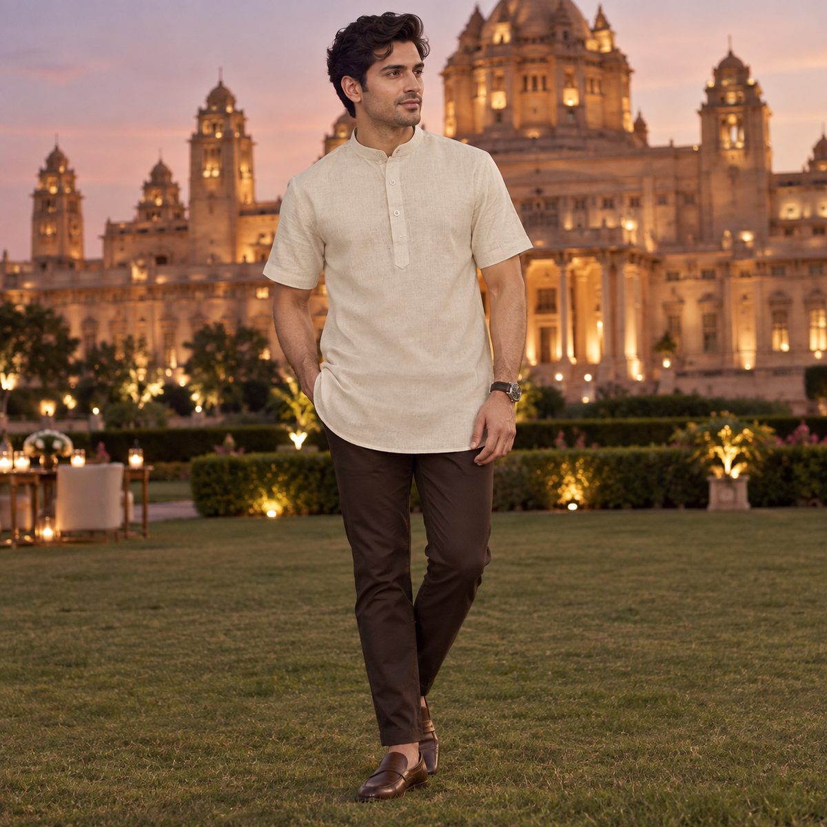 UNHELD Men Hemp Half Sleeve Water Repellent Odor Control Short Kurta