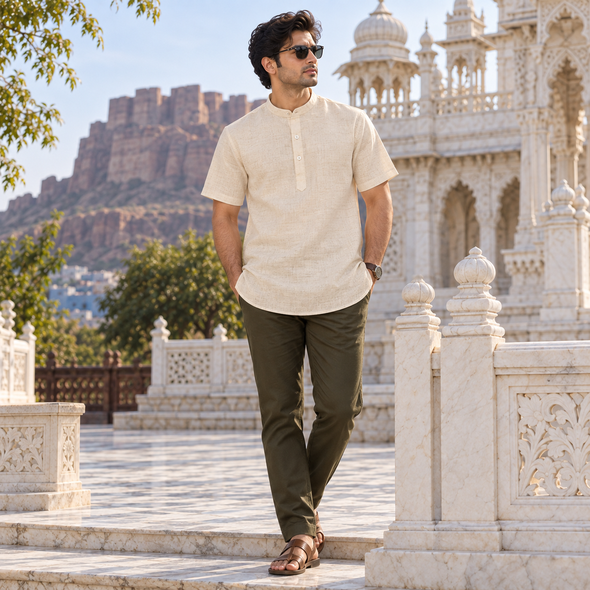 UNHELD Men Hemp Half Sleeve Water Repellent Odor Control Short Kurta