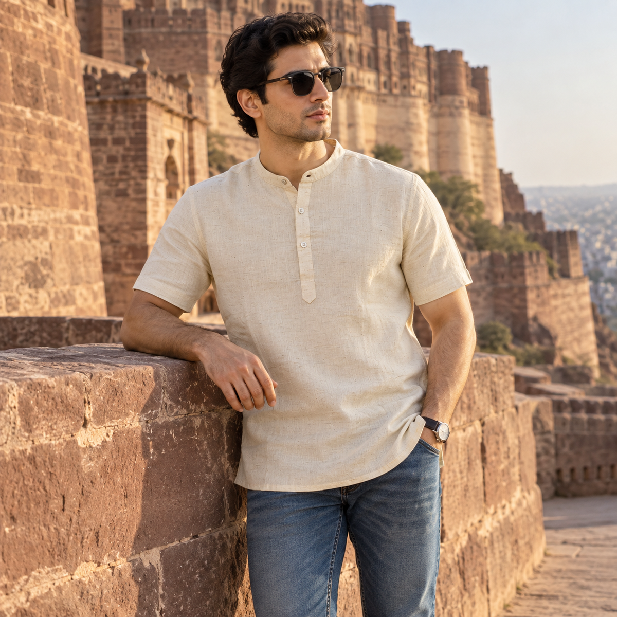 UNHELD Men Hemp Half Sleeve Water Repellent Odor Control Short Kurta