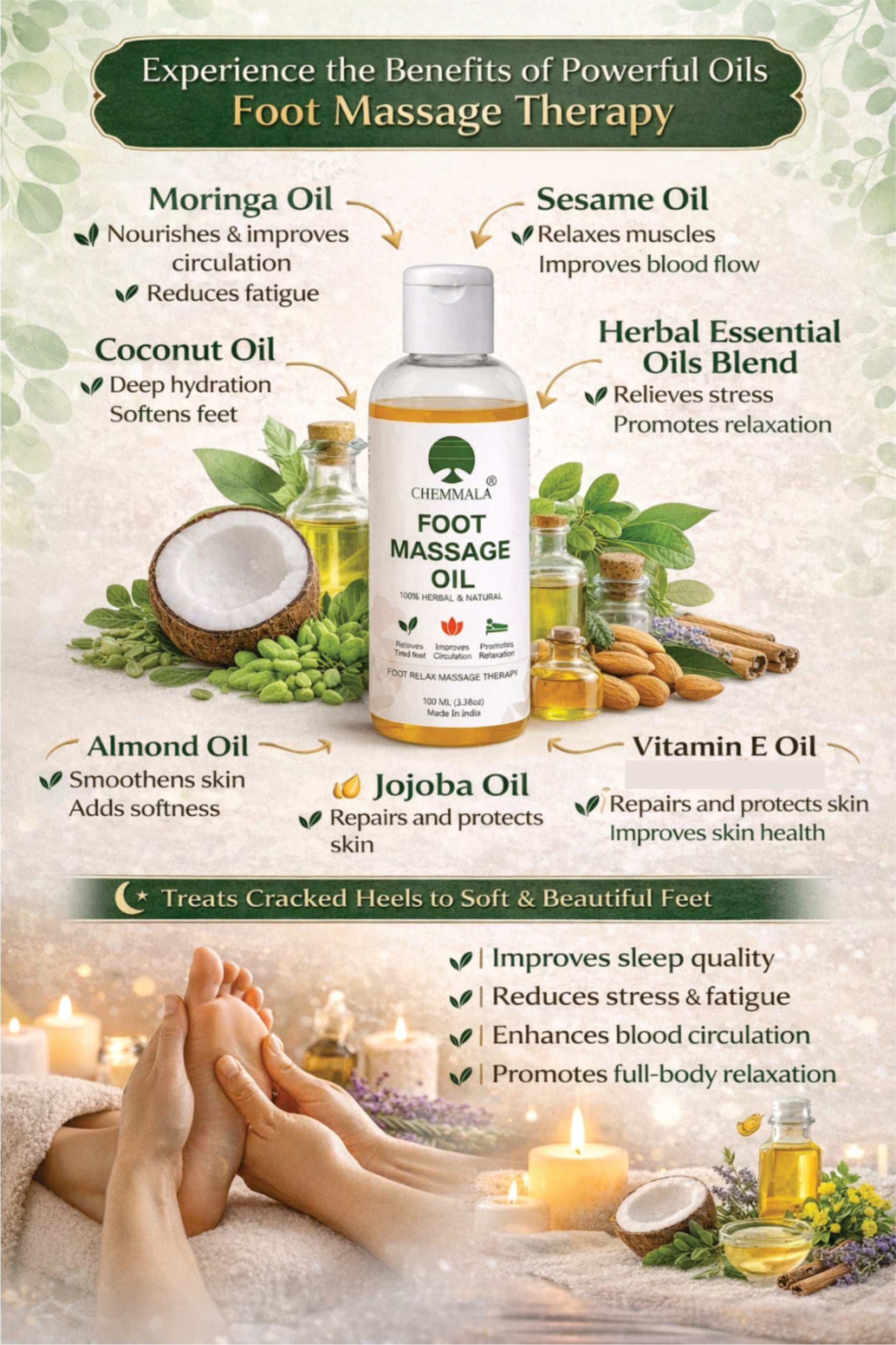 Chemmala Moringa Foot Massage Oil for Relaxation & Pain Relief | Herbal Night Care Oil for Cracked Heels, Dry Feet & Better Sleep | 100% Natural & Lightweight Formula