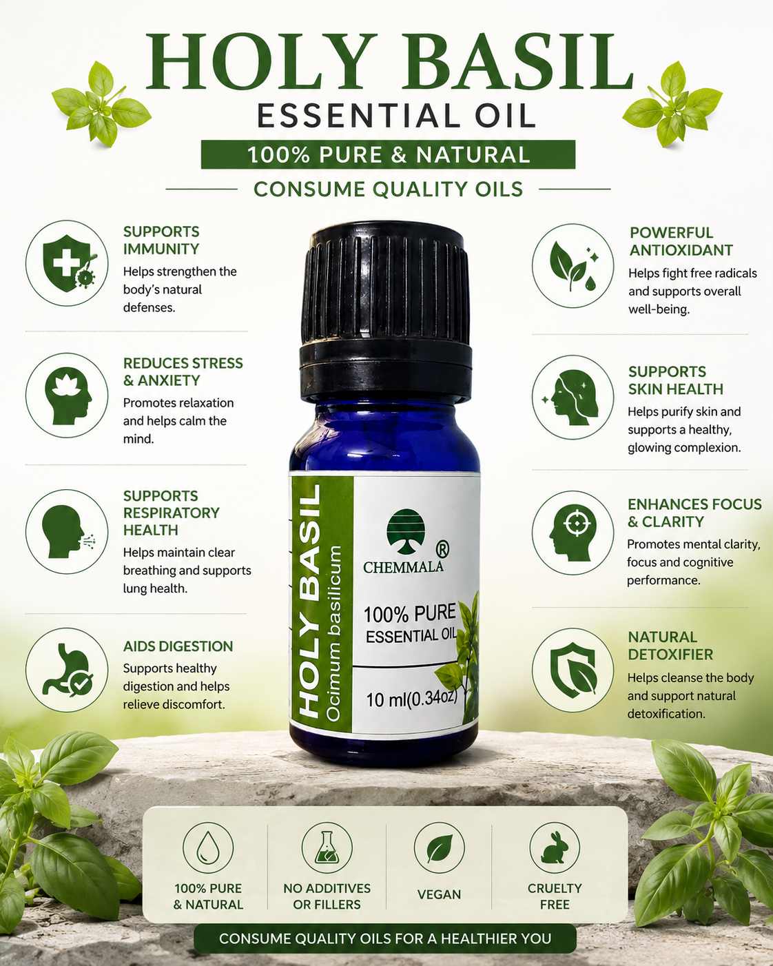 Chemmala Holy Basil Essential Oil | 100% Pure Steam Distilled Consume Quality | Ocimum basilicum | 10 ml