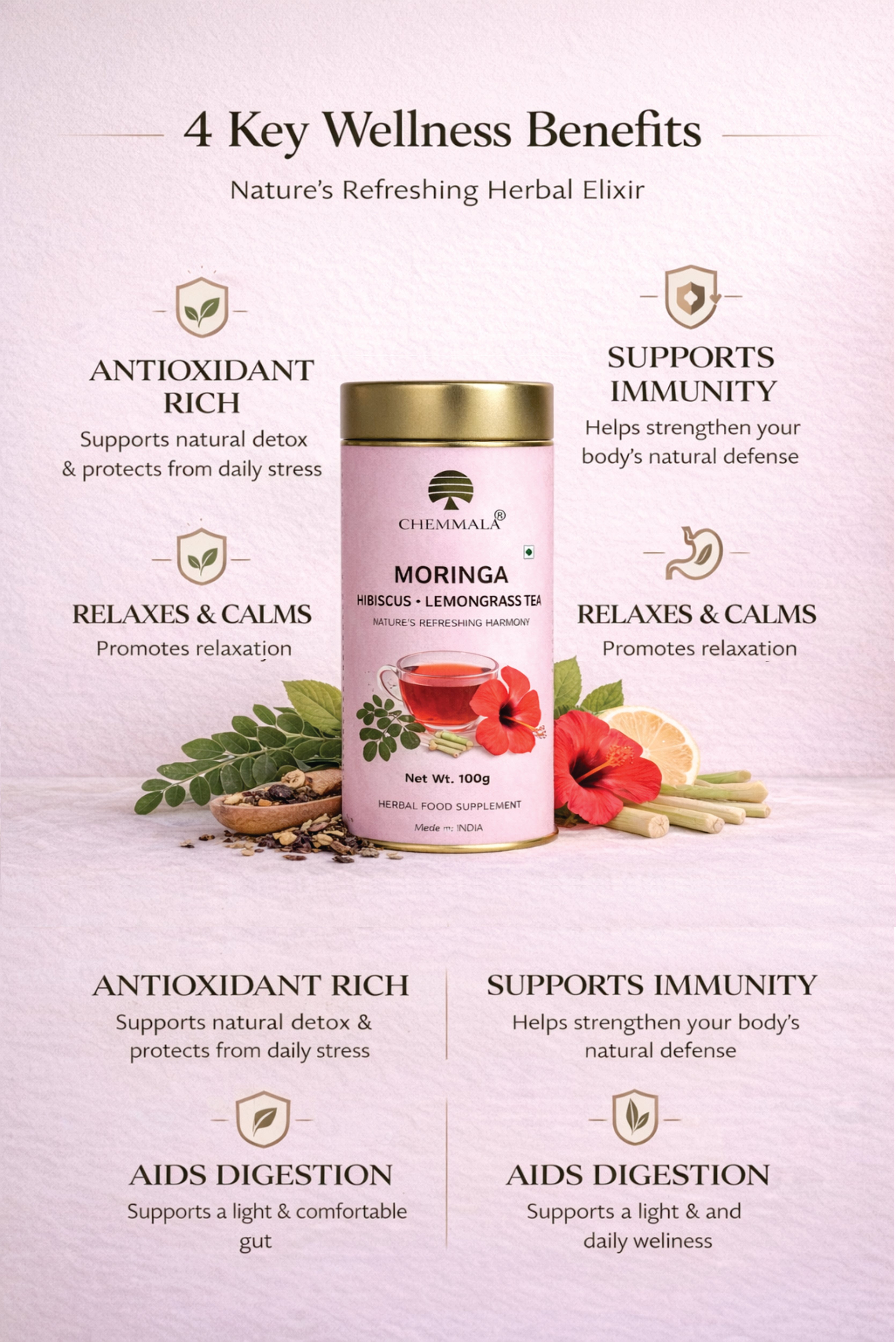 Chemmala Moringa Hibiscus Lemongrass Tea – Herbal Wellness Infusion