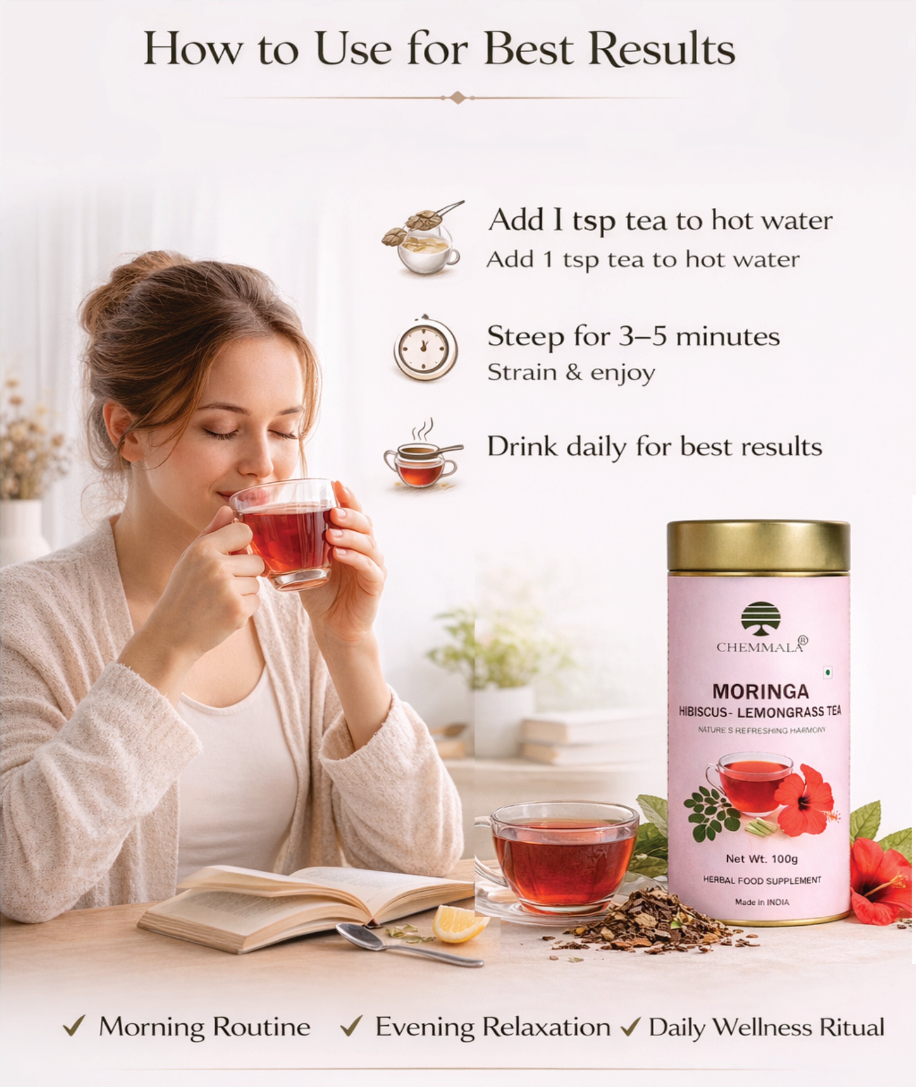 Chemmala Moringa Hibiscus Lemongrass Tea – Herbal Wellness Infusion