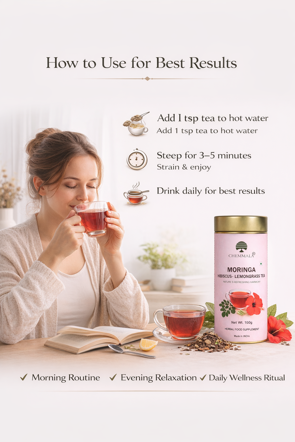 Chemmala Moringa Hibiscus Lemongrass Tea – Herbal Wellness Infusion