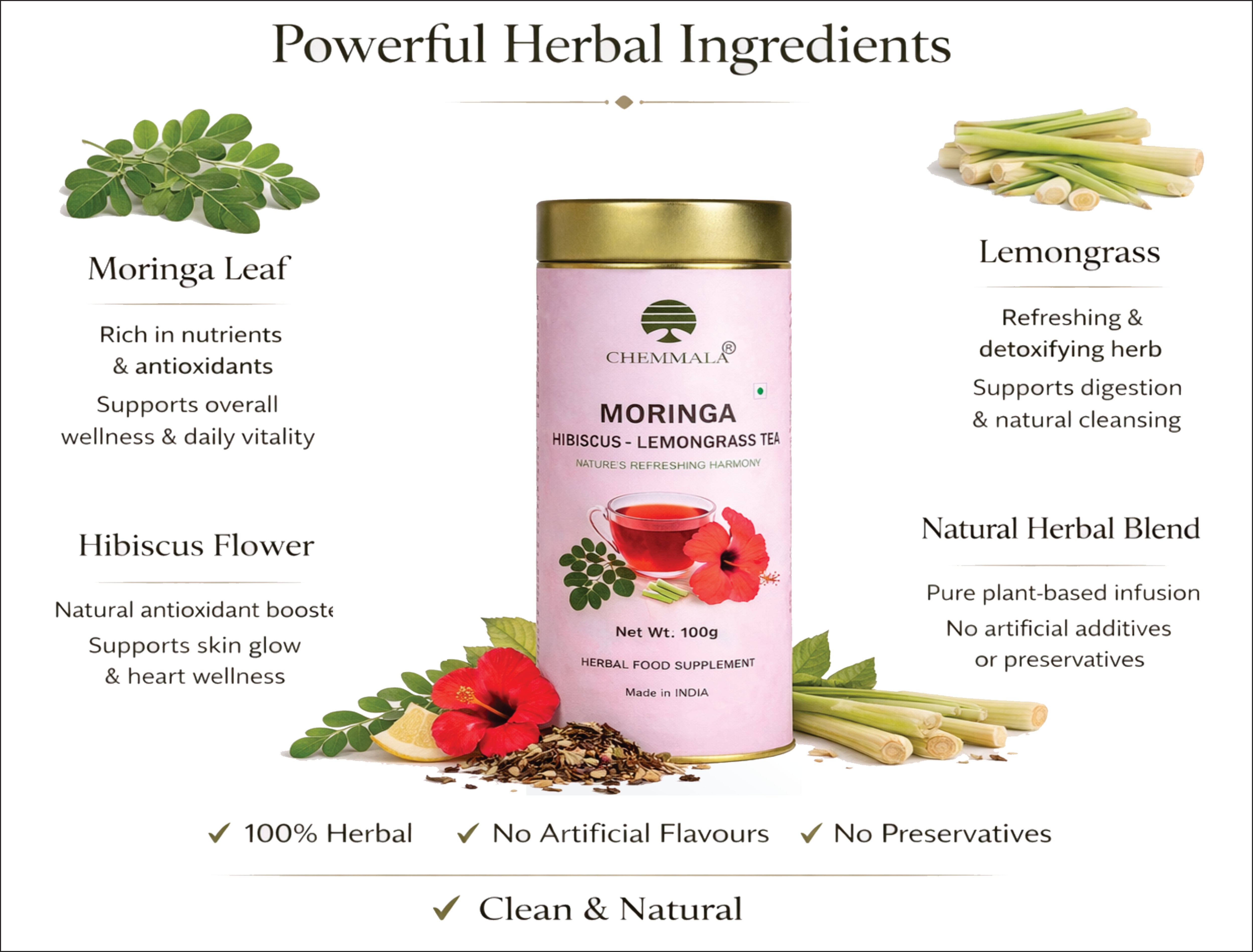 Chemmala Moringa Hibiscus Lemongrass Tea – Herbal Wellness Infusion