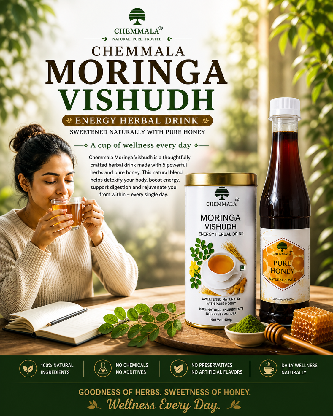 Chemmala Moringa Vishudh Herbal Detox Drink with Pure Wild Honey | Natural Energy & Wellness Tea