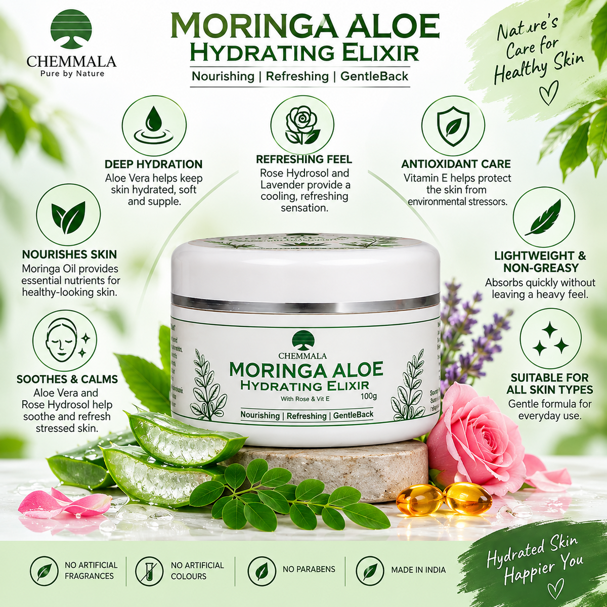 Natural Moringa Aloe Hydrating Elixir by Chemmala featuring deep hydration, antioxidant care, skin nourishment, soothing comfort and lightweight daily moisturization for all skin types.