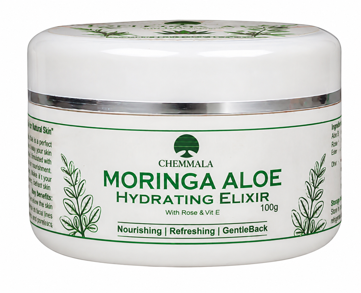 Natural Moringa Aloe Vera Hydrating Gel by Chemmala, enriched with Rose and Vitamin E for daily skin hydration and nourishment.