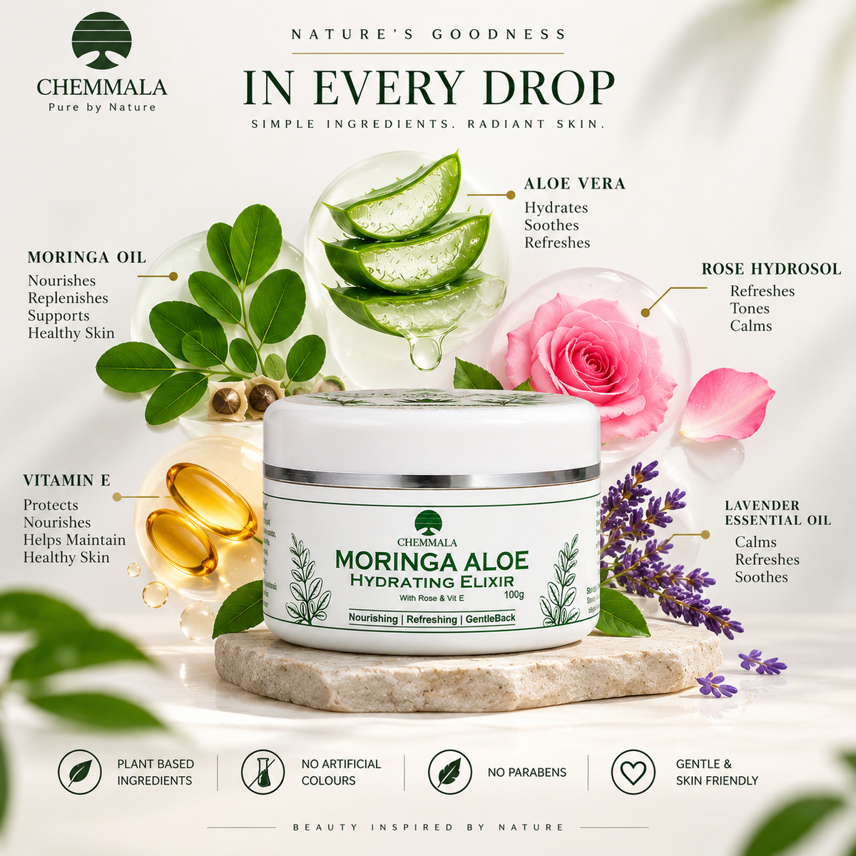 Natural Moringa Aloe Hydrating Elixir by Chemmala showcasing key ingredients including Aloe Vera, Moringa Oil, Rose Hydrosol, Lavender Essential Oil and Vitamin E for gentle daily skin care.