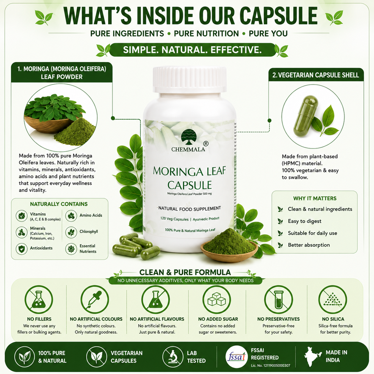 Chemmala Moringa Leaf Capsules 500mg | 60 Veg Capsules | 100% Pure Herbal Supplement