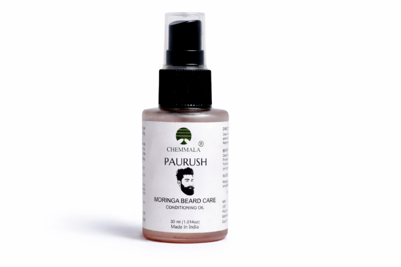 Chemmala Paurush moringa beard oil bottle on white background for beard growth, conditioning, and softening