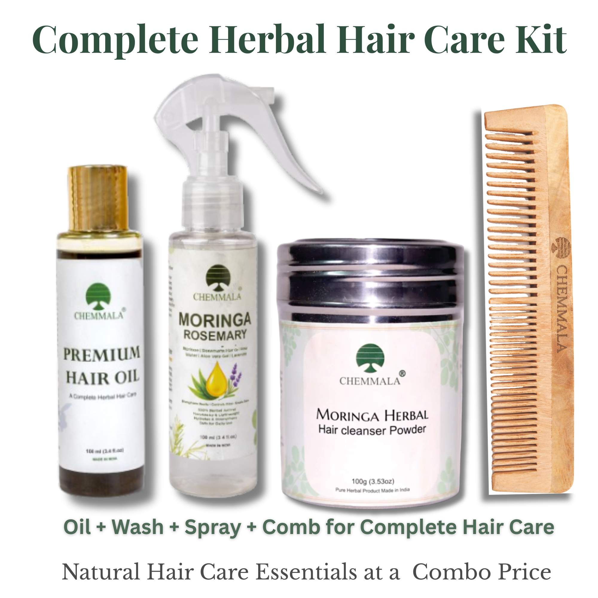 Complete Herbal Hair Care Kit – Moringa Hair Oil, Herbal Hair Wash Powder, Rosemary Hair Growth Spray & Neem Wooden Comb | Controls Hair Fall, Boosts Growth & Reduces Dandruff | 100% Natural