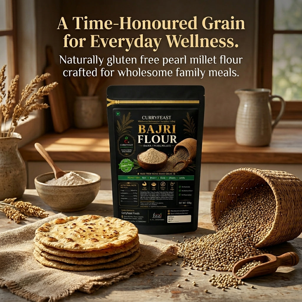 Curryfeast Bajri Flour (Pearl Millet Flour) 1kg | Naturally Gluten Free | Rich in Dietary Fiber | Make Traditional Bhakri & Roti | Easy to Digest | No Preservatives | Prepared from Whole Bajra Grain
