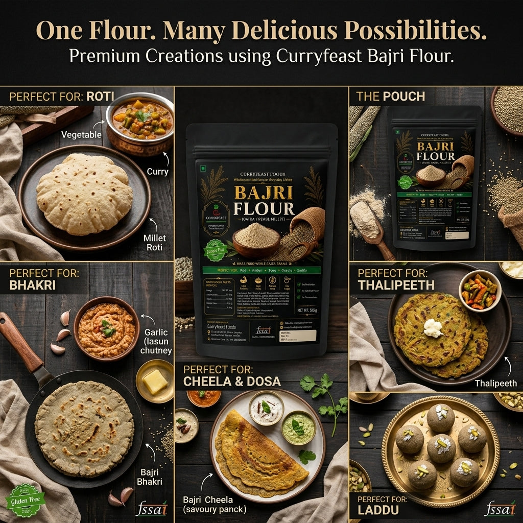 Curryfeast Bajri Flour (Pearl Millet Flour) 1kg | Naturally Gluten Free | Rich in Dietary Fiber | Make Traditional Bhakri & Roti | Easy to Digest | No Preservatives | Prepared from Whole Bajra Grain