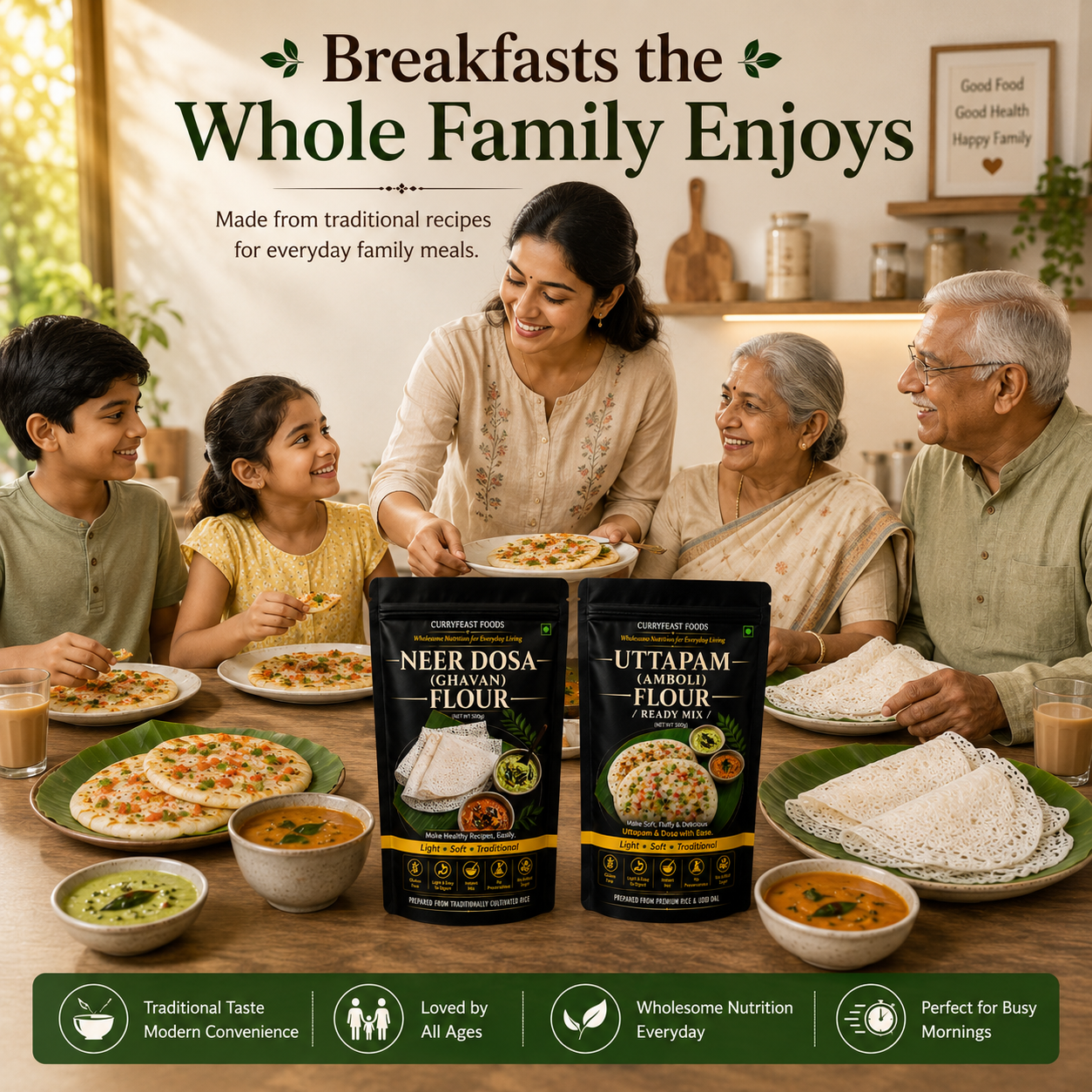 Curryfeast Indian Breakfast Combo | Neer Dosa (Ghavan) Flour + Uttapam (Amboli) Flour | Instant Traditional Breakfast Mix | Gluten Free | Light, Soft & Easy to Digest | No Preservatives