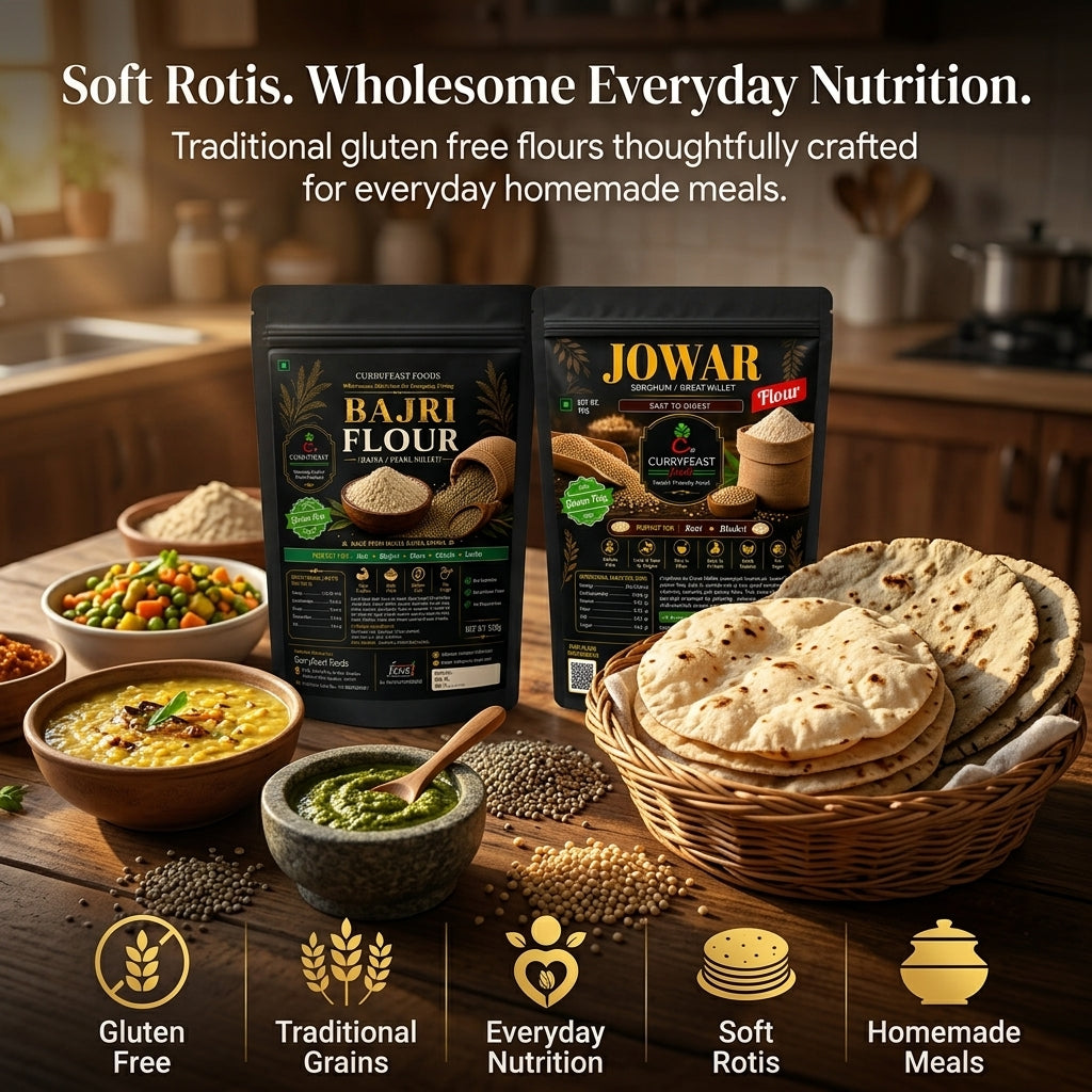 Curryfeast Daily Nutrition Gluten Free Roti-Bhakri Combo | Jowar Flour & Bajri Flour | Traditional Millet Flours for Soft Roti & Bhakri | 1kg Each