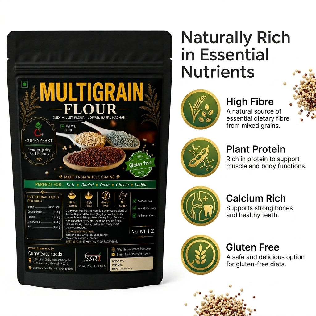 Curryfeast Multigrain Flour 1kg | Jowar, Bajra & Ragi Flour Blend | Gluten Free Millet Flour | High Fibre & Protein Rich | For Roti, Bhakri, Dosa, Chilla & Healthy Recipes