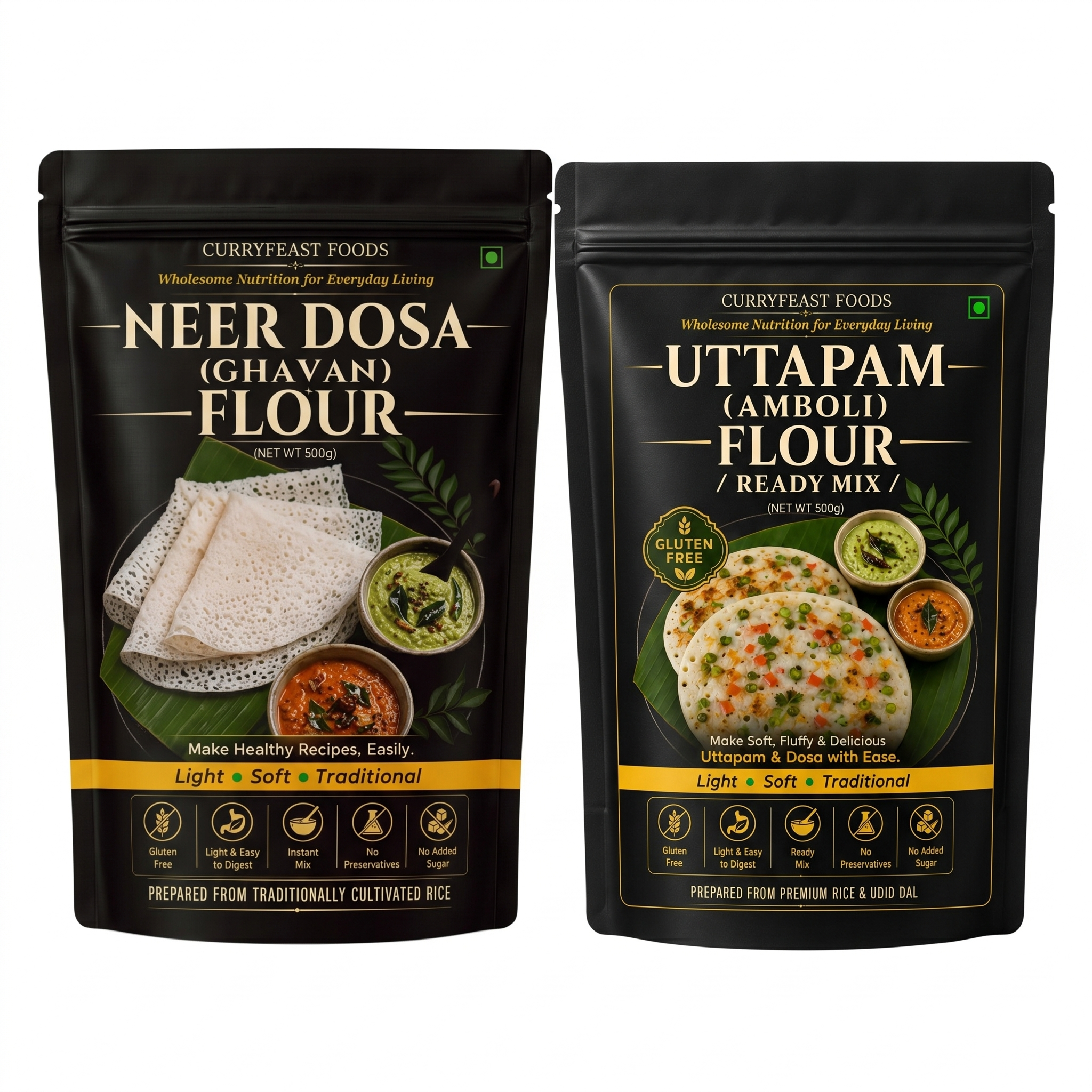 Curryfeast Indian Breakfast Combo | Neer Dosa (Ghavan) Flour + Uttapam (Amboli) Flour | Instant Traditional Breakfast Mix | Gluten Free | Light, Soft & Easy to Digest | No Preservatives