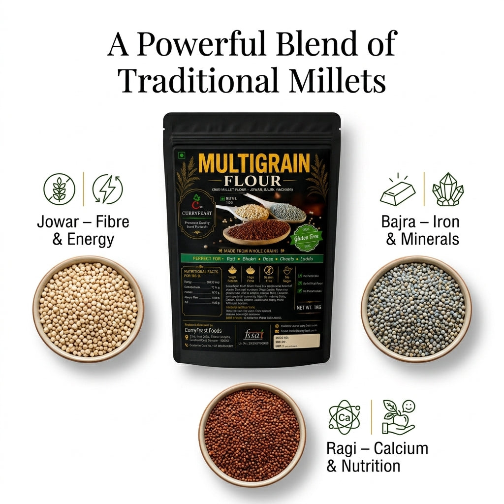 Curryfeast Multigrain Flour 1kg | Jowar, Bajra & Ragi Flour Blend | Gluten Free Millet Flour | High Fibre & Protein Rich | For Roti, Bhakri, Dosa, Chilla & Healthy Recipes