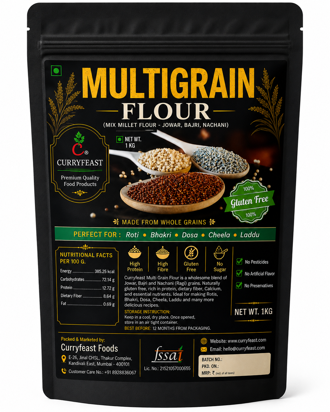 Curryfeast Multigrain Flour 1kg | Jowar, Bajra & Ragi Flour Blend | Gluten Free Millet Flour | High Fibre & Protein Rich | For Roti, Bhakri, Dosa, Chilla & Healthy Recipes