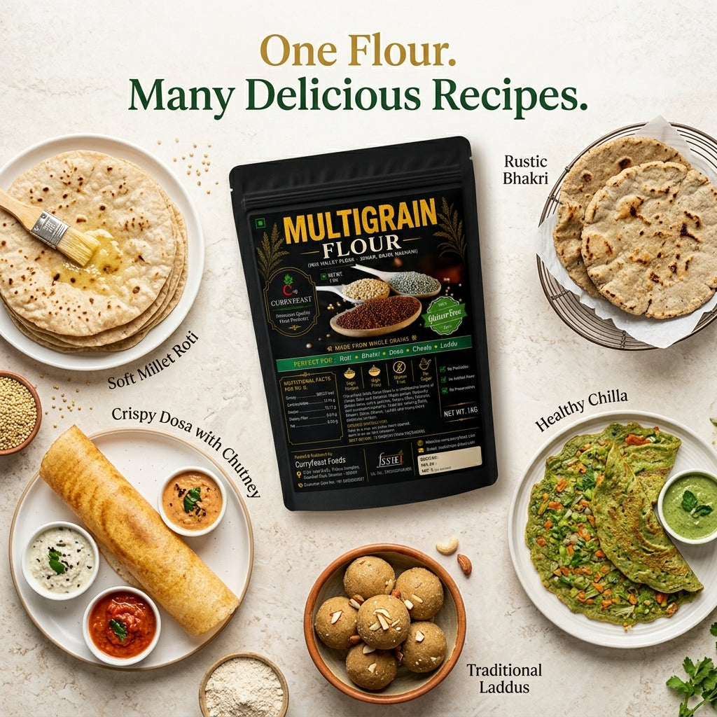 Curryfeast Multigrain Flour 1kg | Jowar, Bajra & Ragi Flour Blend | Gluten Free Millet Flour | High Fibre & Protein Rich | For Roti, Bhakri, Dosa, Chilla & Healthy Recipes