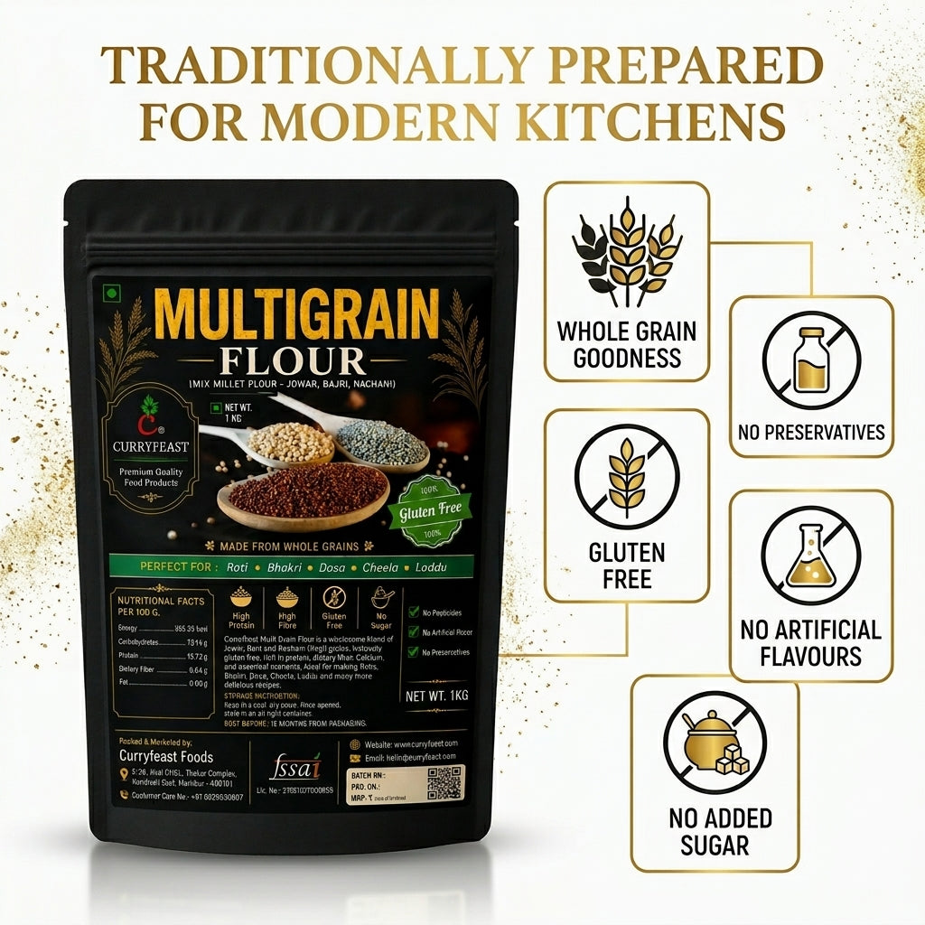 Curryfeast Multigrain Flour 1kg | Jowar, Bajra & Ragi Flour Blend | Gluten Free Millet Flour | High Fibre & Protein Rich | For Roti, Bhakri, Dosa, Chilla & Healthy Recipes