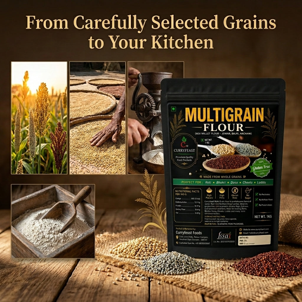 Curryfeast Multigrain Flour 1kg | Jowar, Bajra & Ragi Flour Blend | Gluten Free Millet Flour | High Fibre & Protein Rich | For Roti, Bhakri, Dosa, Chilla & Healthy Recipes