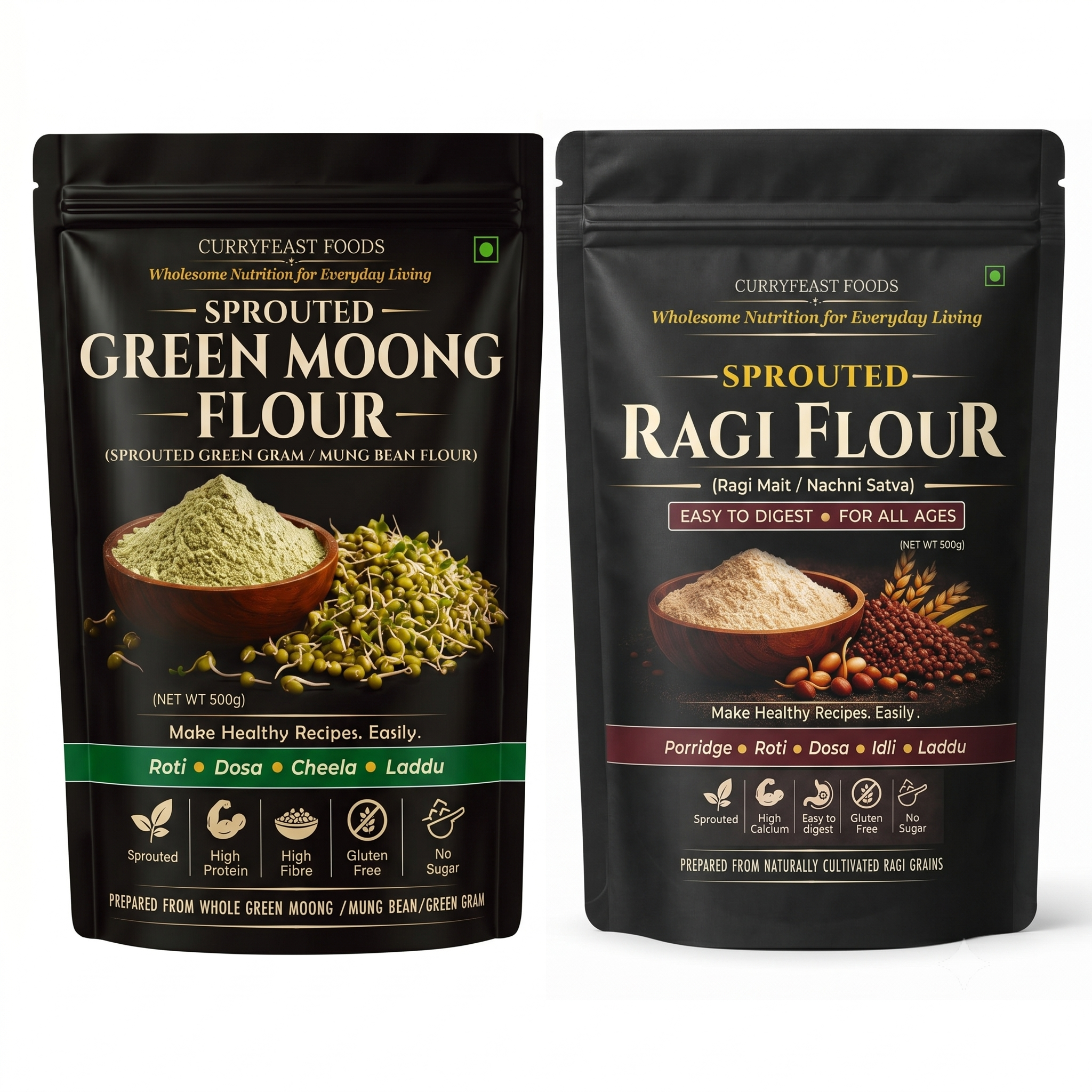 Curryfeast Sprouted Nutrition Combo | Sprouted Ragi Flour + Sprouted Green Moong Flour | Protein & Calcium Rich Flour Combo | Gluten Free | High Fiber & Natural Nutrition