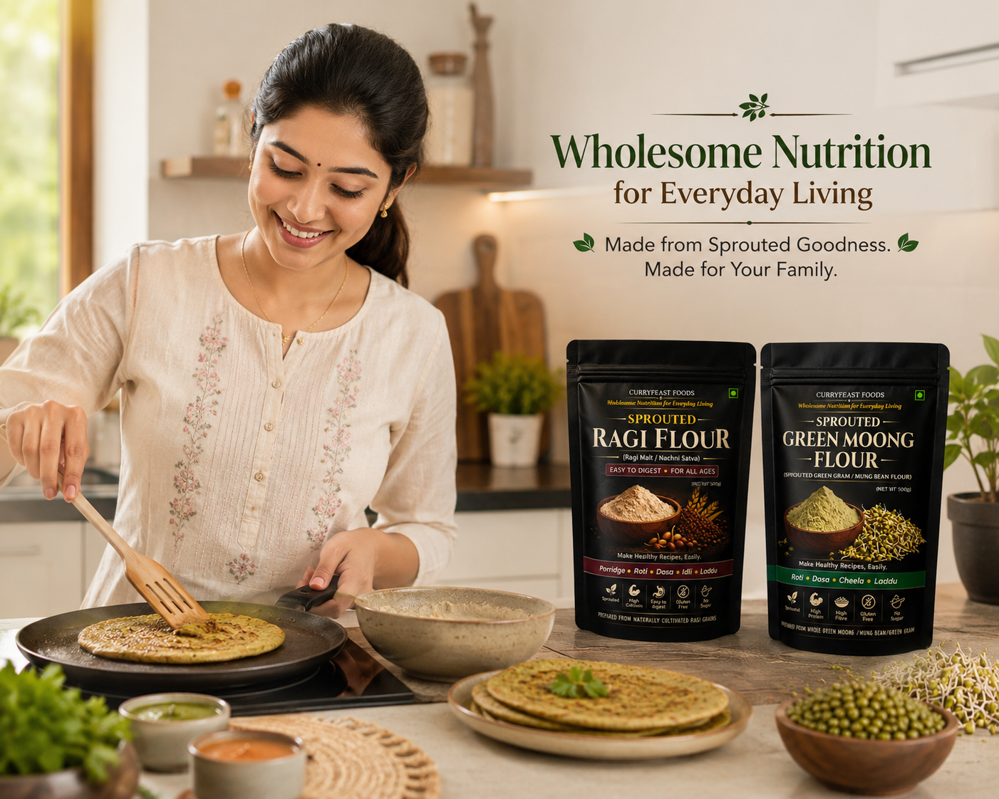 Curryfeast Sprouted Nutrition Combo | Sprouted Ragi Flour + Sprouted Green Moong Flour | Protein & Calcium Rich Flour Combo | Gluten Free | High Fiber & Natural Nutrition