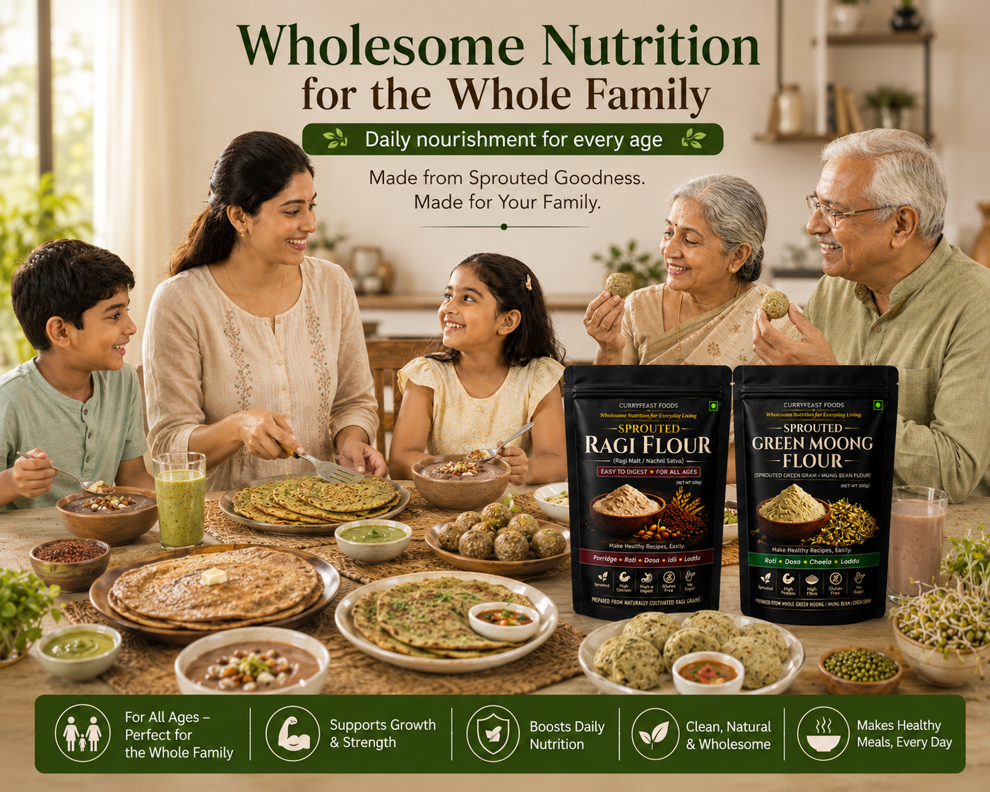 Curryfeast Sprouted Nutrition Combo | Sprouted Ragi Flour + Sprouted Green Moong Flour | Protein & Calcium Rich Flour Combo | Gluten Free | High Fiber & Natural Nutrition